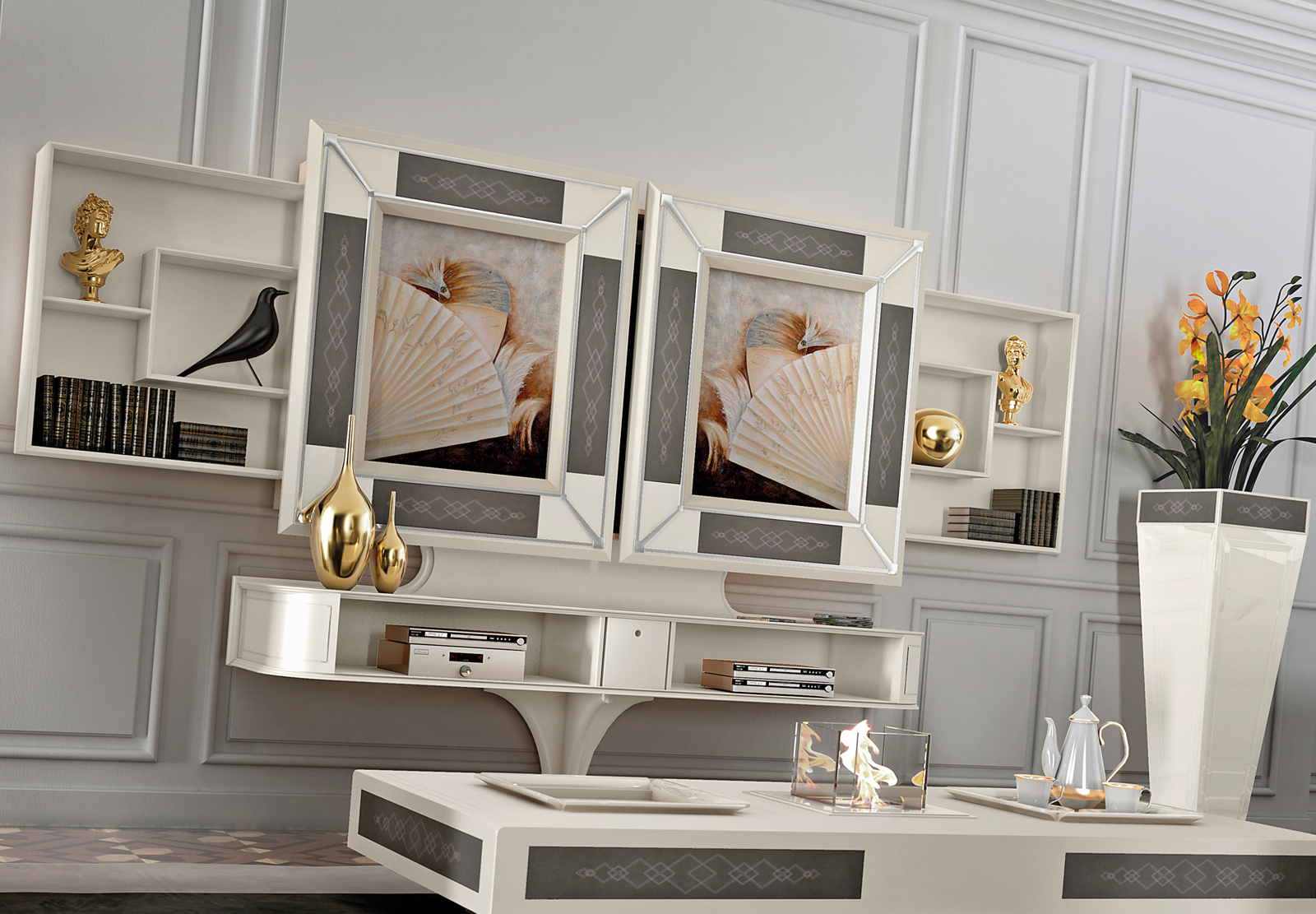 Luxury Tv stand with sliding doors decorated with paintings 