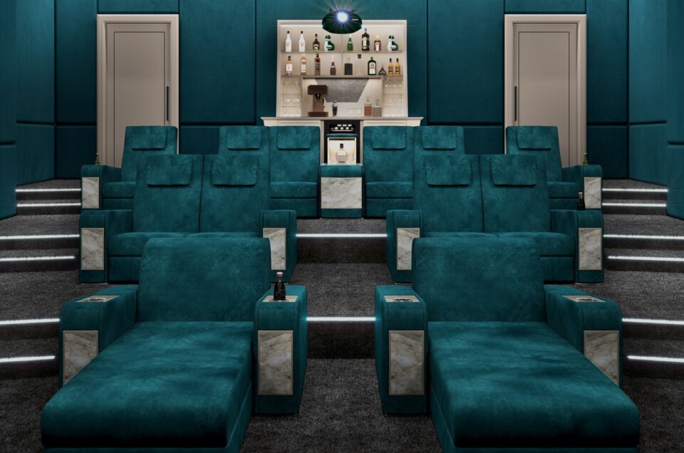 bespoke home cinema with emerald seating and bar