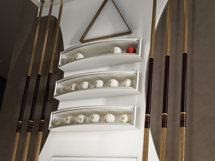 Cue rack equipped with billiard cues and billiard balls