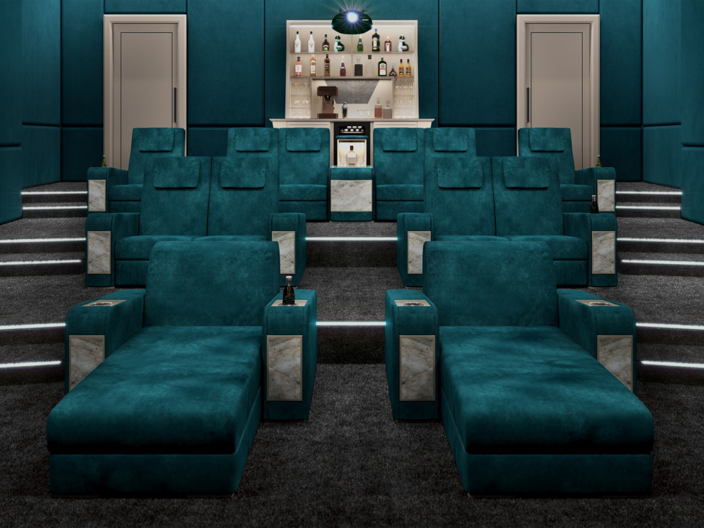 Bespoke home theater room with chaise and theater seating