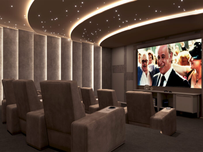 Home movie theater with starry ceiling and reclining seats