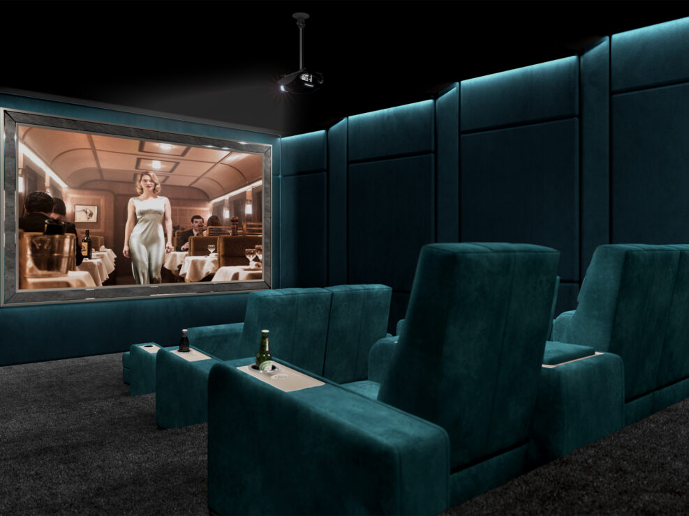 home movie theater in emerald palette with marble