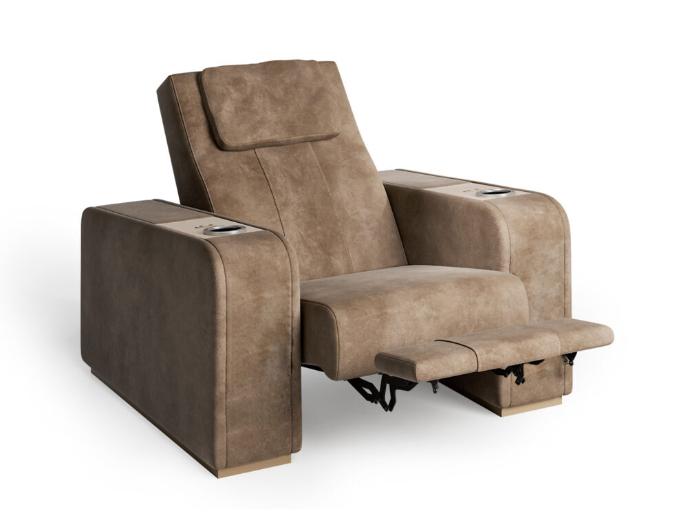 Movie theater reclining seat in light brown colour with reclining mechanism