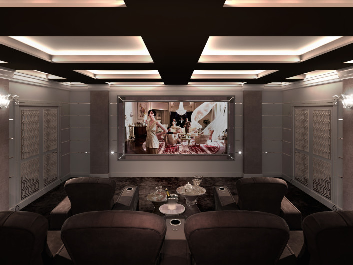 Luxury cinema room with cinema seating and av stystem