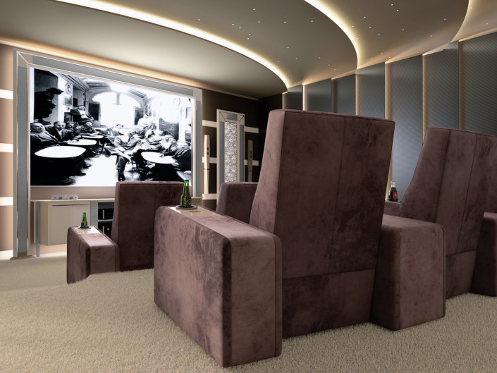 Bespoke home cinema room with av system and reclining seating