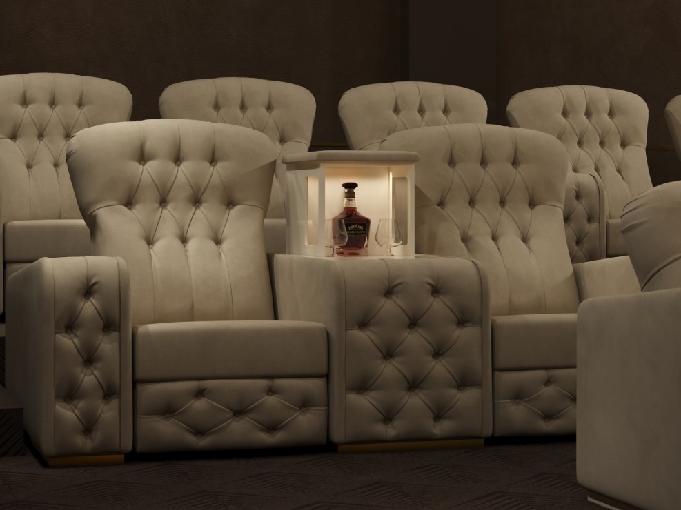 Fully furnished luxury Home theater room with capitonné reclining chairs