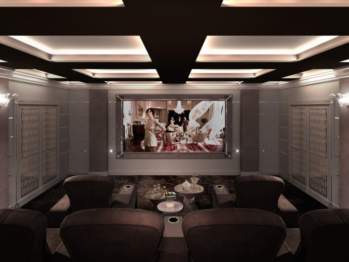Home cinema con poltrone reclinabili color vinaccia in capitonne