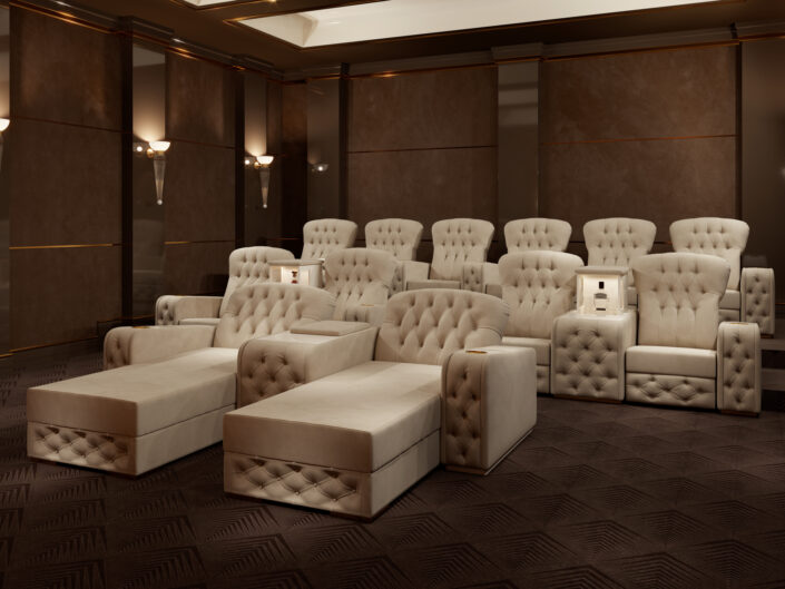 sala cinema con poltrone reclinabili e chaise longue in capitonne