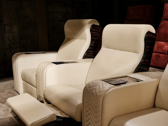 movie reclining seat in beige leather and wood
