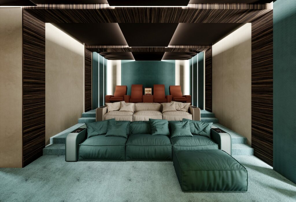 Media Room by Vismara Design with sofas and recliners